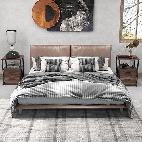 Miniatura 2 de COSTWAY Juego de 2 mesitas de noche, mesa auxiliar de 3 niveles con 2 cajones de tela y estante abierto, mesa auxiliar industrial para dormitorio,