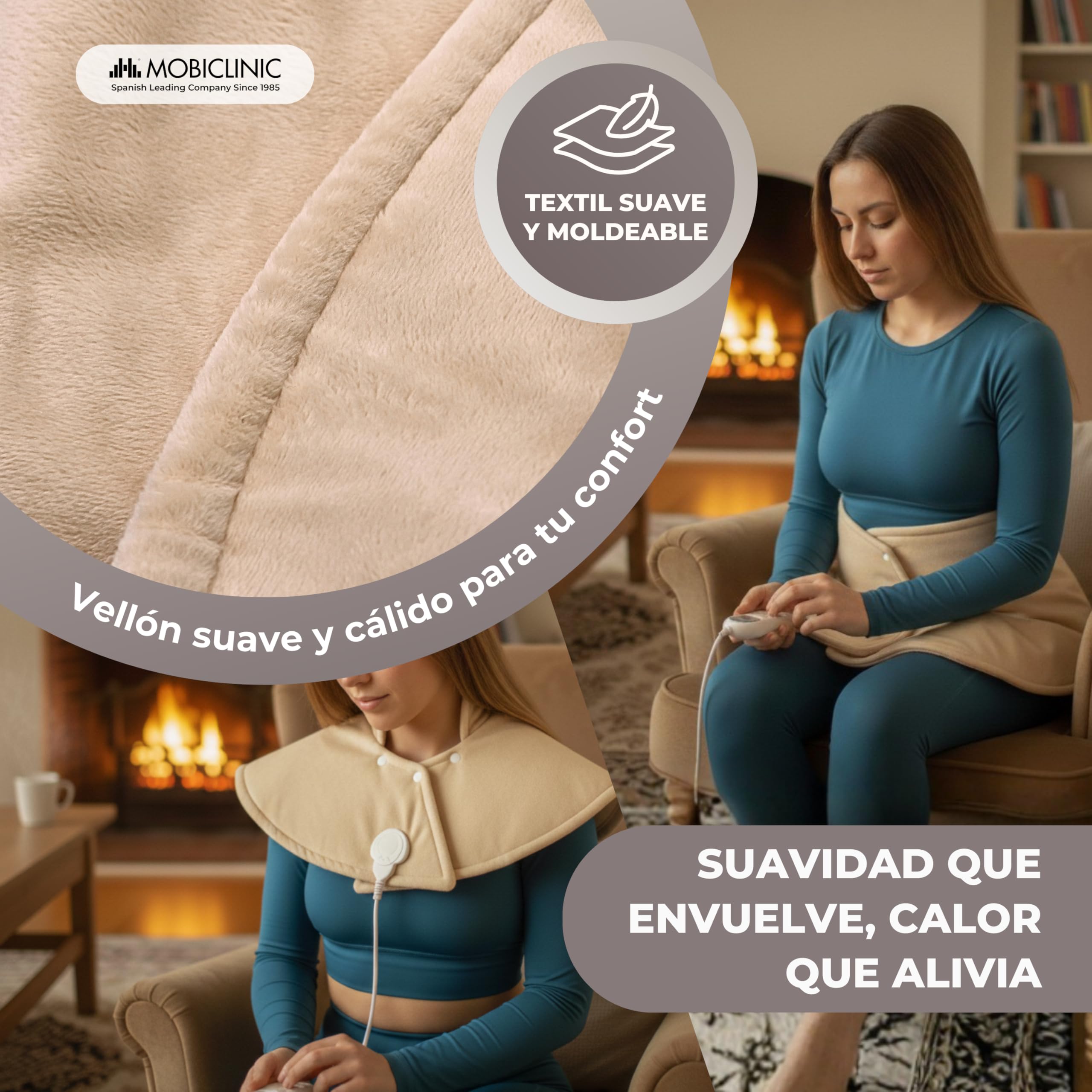 Mobiclinic, Almohadilla cervical, Eléctrica, 3 rangos de temperatura, Apagado automático, Muy bajo consumo, 100w, Marca española, Protección por sobrecalentamiento, Lavable, Para cuello, 62x60cm