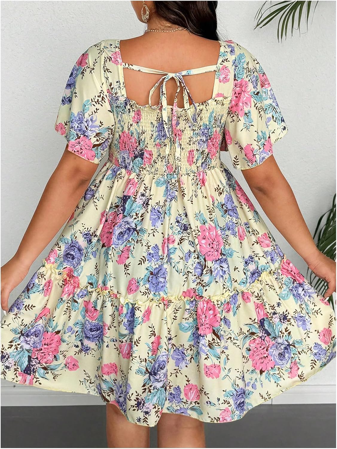 Verdusa Women's Plus Size Boho Floral Print Short Sleeve Dress High Waisted A Line Ruffle Short Dresses - Image 2