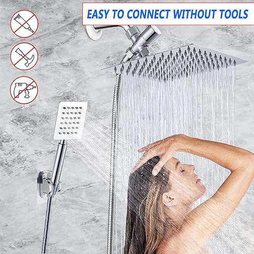 Miniatura 3 de Combo de cabezal de ducha de lluvia cuadrado de alta presión, equipado con ducha de mano de metal, manguera extra larga de 78 pulgadas, desviador de