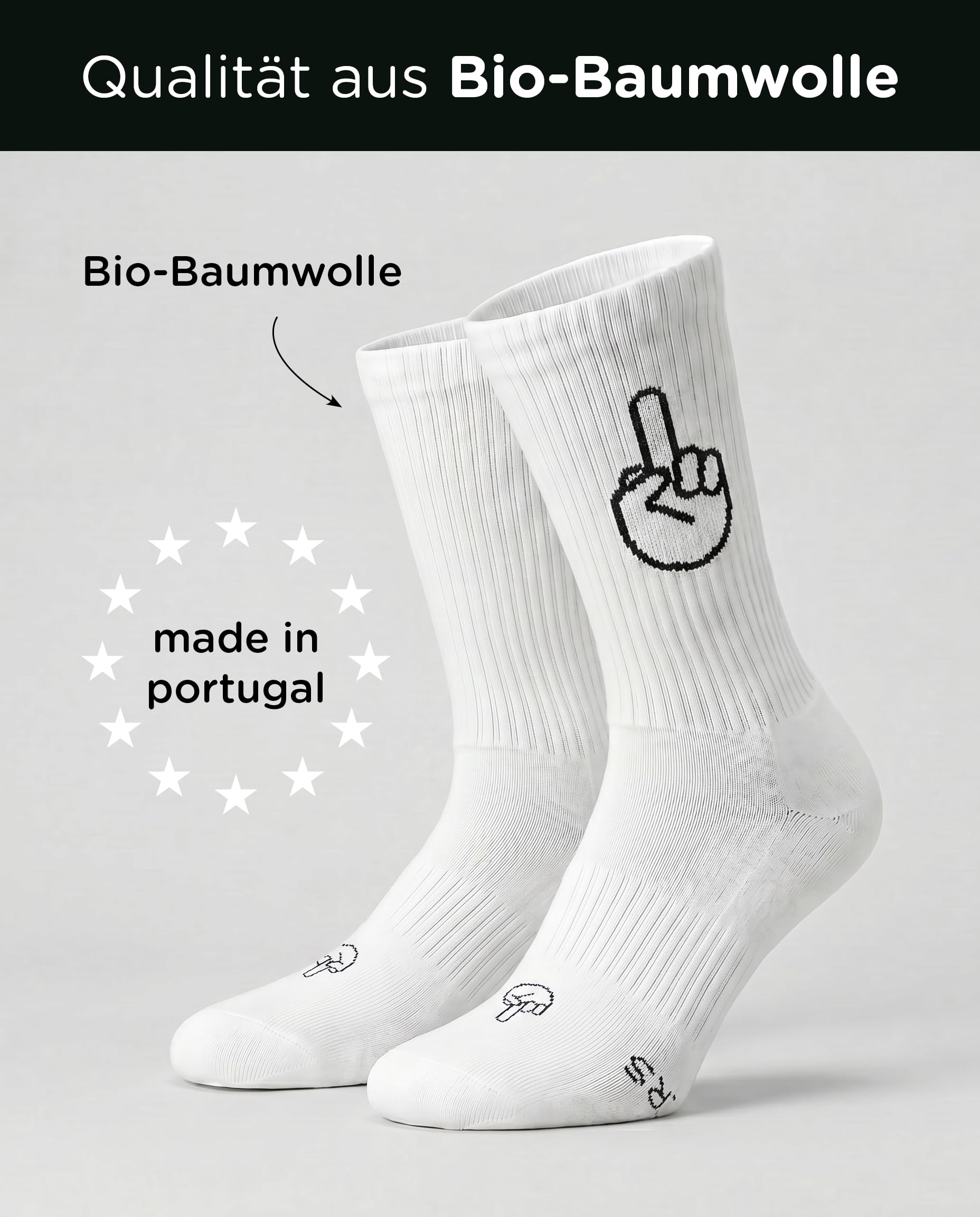FYNGERS | 3er Set | Sportsocken mit Handzeichen | Weiß | Bio-Baumwolle | Top Qualität