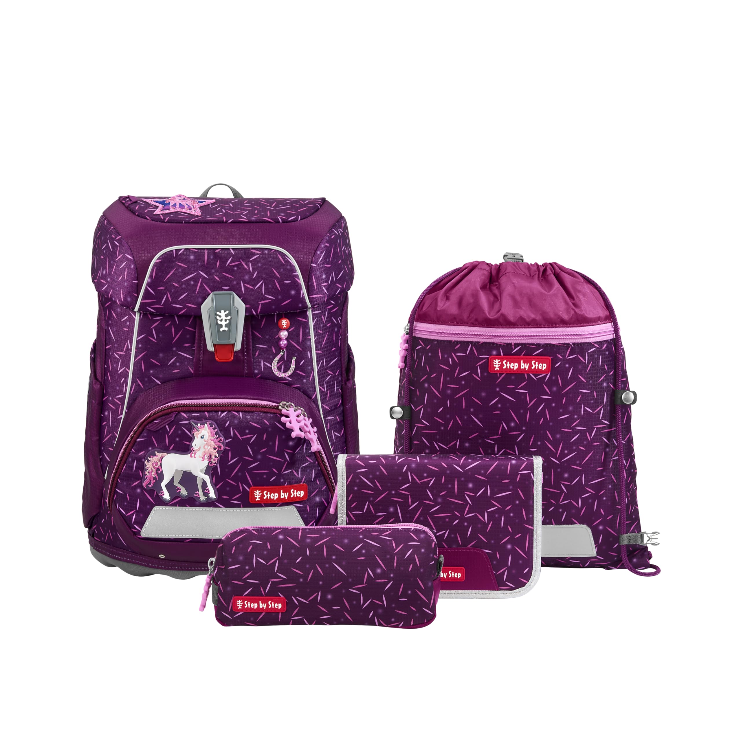 Step by Step Juego de mochila escolar FIT de 5 piezas, macuto ergonómico con reflectores, altura regulable con cinturón de cadera para niños y niñas a partir de 1ª clase, 19 l