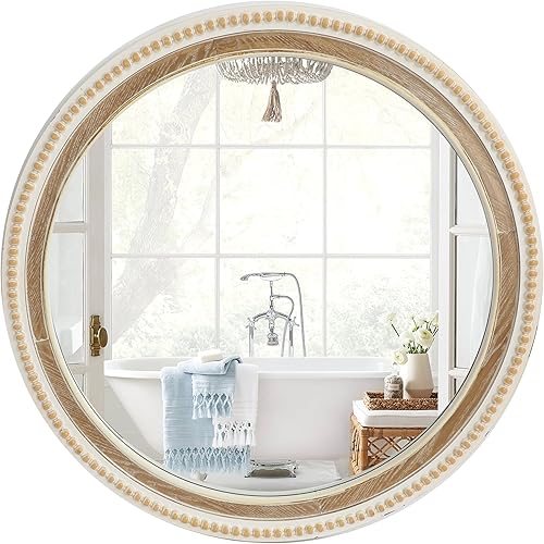 Espejo decorativo redondo de madera para pared, espejo de granja con cuentas blancas, espejo blanco rústico envejecido de 31.5 pulgadas para