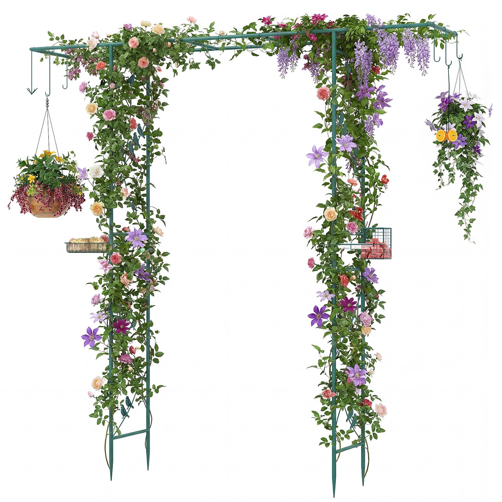 RELAX4LIFE Arche Jardin Métal 2M avec Mangeoire à Oiseaux, Arche avec Treillis pour Plantes Grimpantes, Panier, Crochets, Support pour Rosier Raisin Concombre (Vert)