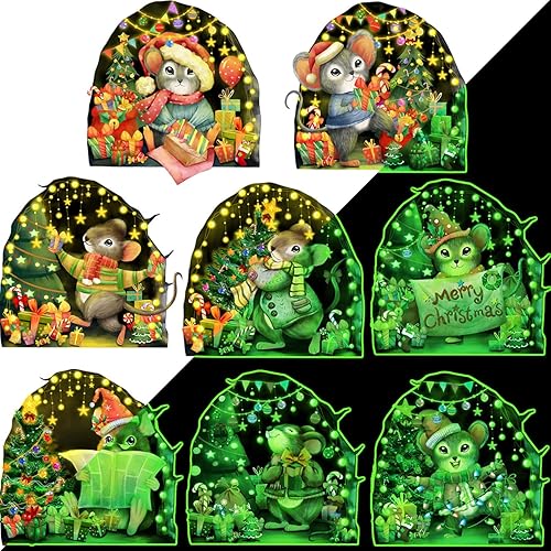 Miniatura 8 de Calcomanías de pared de Navidad, 8 unidades, calcomanías de pared de ratones de Navidad que brillan en la oscuridad, decoración de pared de árboles