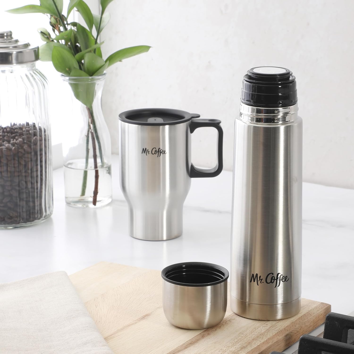 Mr. Coffee 4-Piece Insulated Drinkware Set — Stainless Steel Thermos, Travel Mug with Handle, Cup & Lid for Hot & Cold Drinks