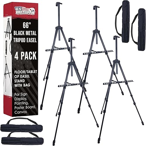 U.S. Art Supply Caballete de trípode de metal negro de 66 pulgadas (paquete de 4) – ajustable de 20 a 5.5 pies, soporta lona de 32 pulgadas, soporte