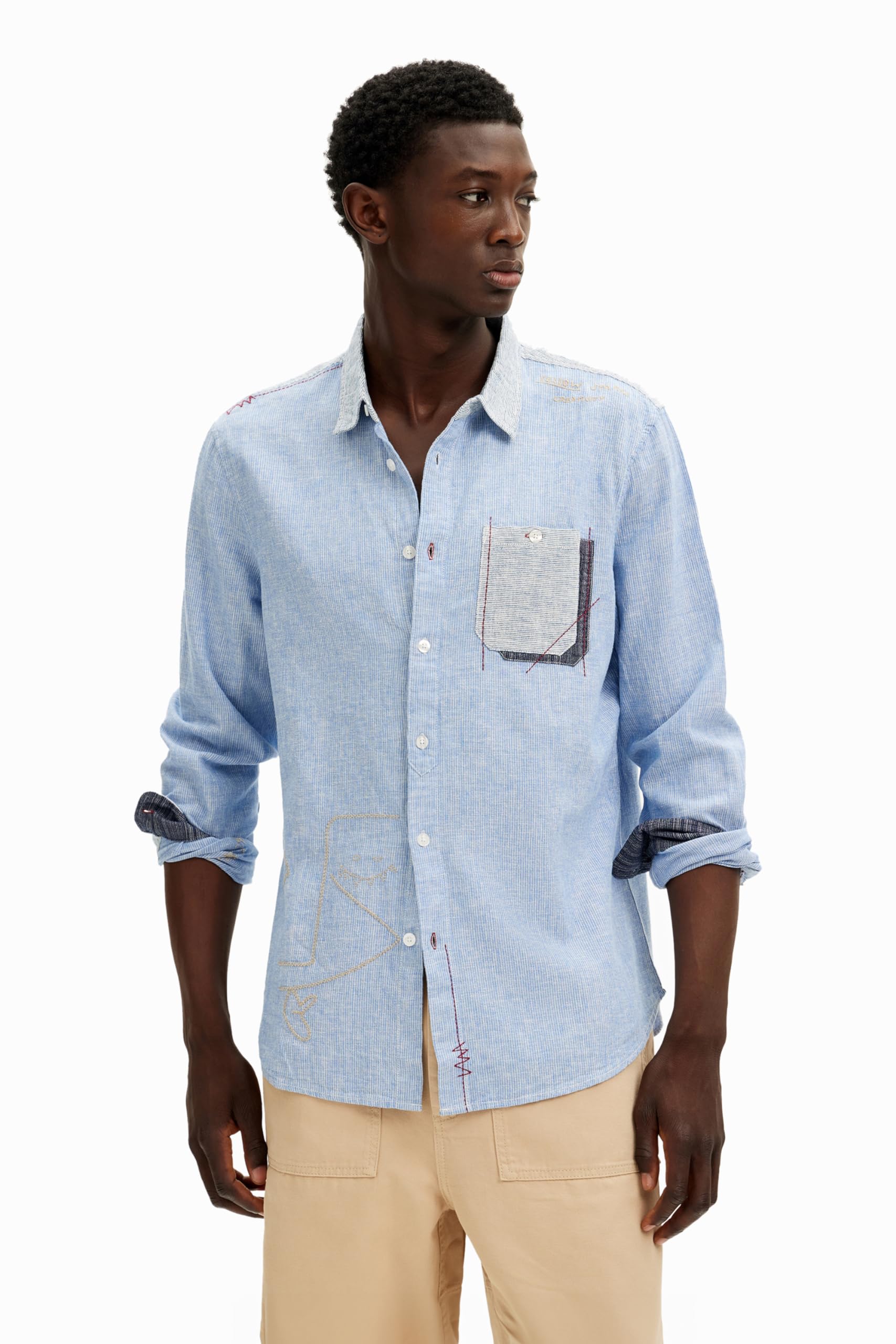 Desigual Men's Man Woven Shirt Long Sleeve T, Blue, M