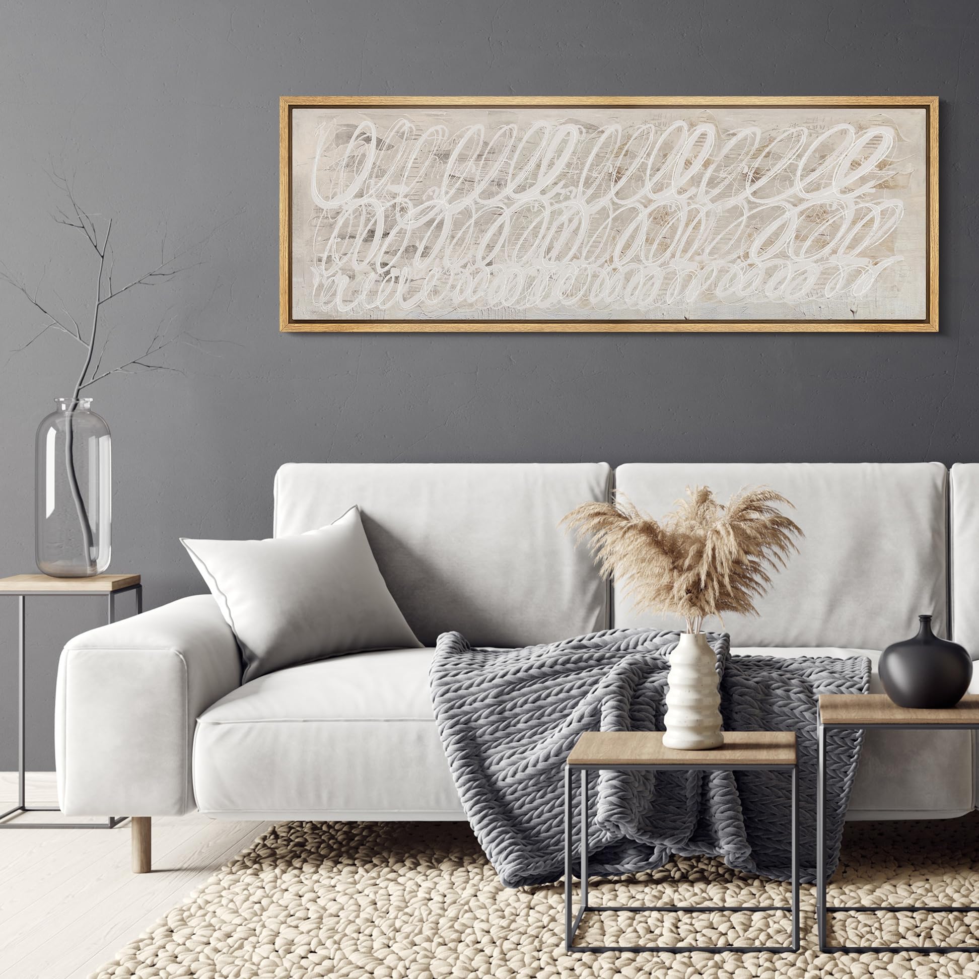 MUDECOR Large Framed Canvas Print Wall Art White Abstract Calligraphy ...