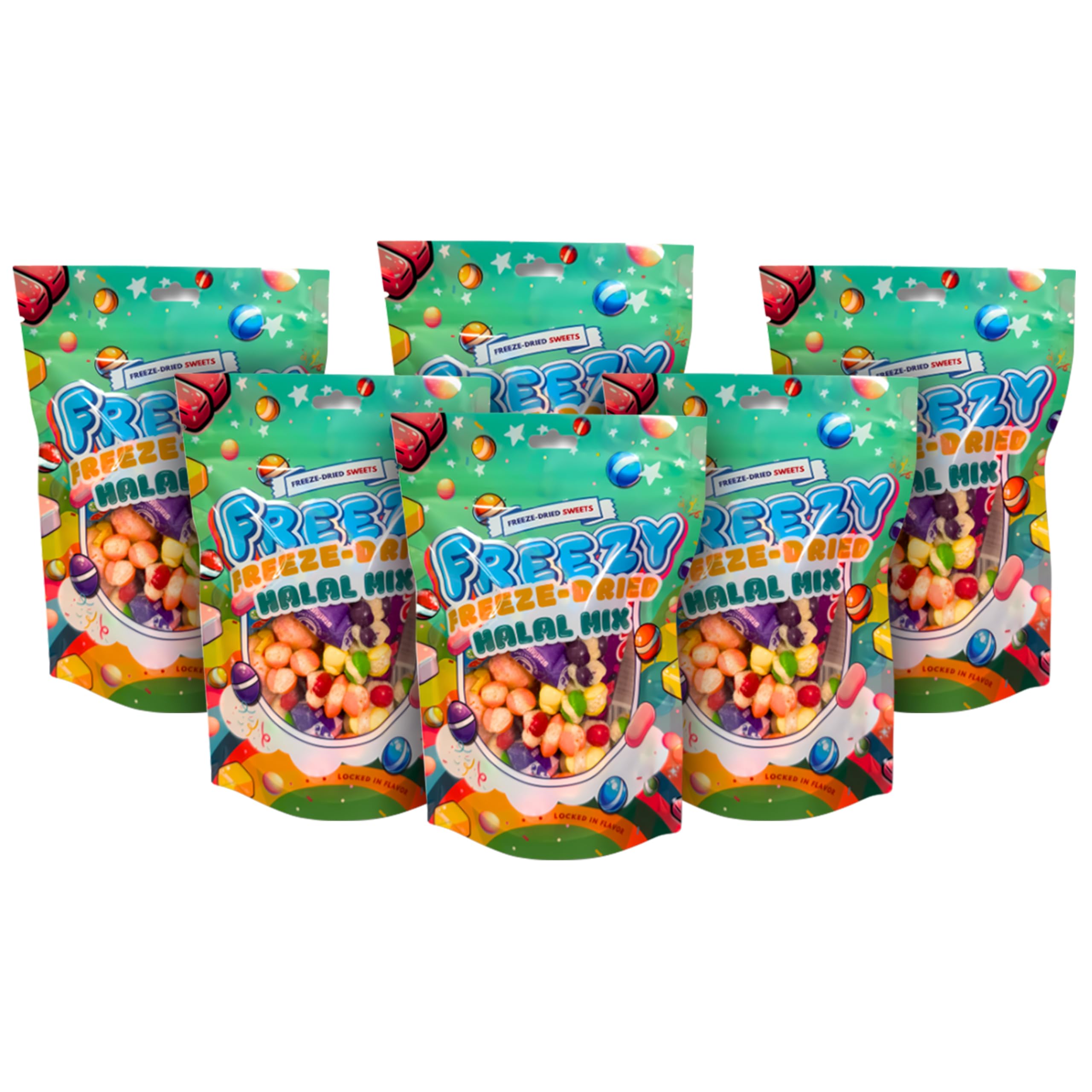 Freezy Freeze Dried Candy Bundle, Halal Mix (Pack of 6) 720 gms, Sour American Sweet, Freezed Dried Skittles, Refresher Sweets, Fruit Salad, Starburst, and Vimto Bar