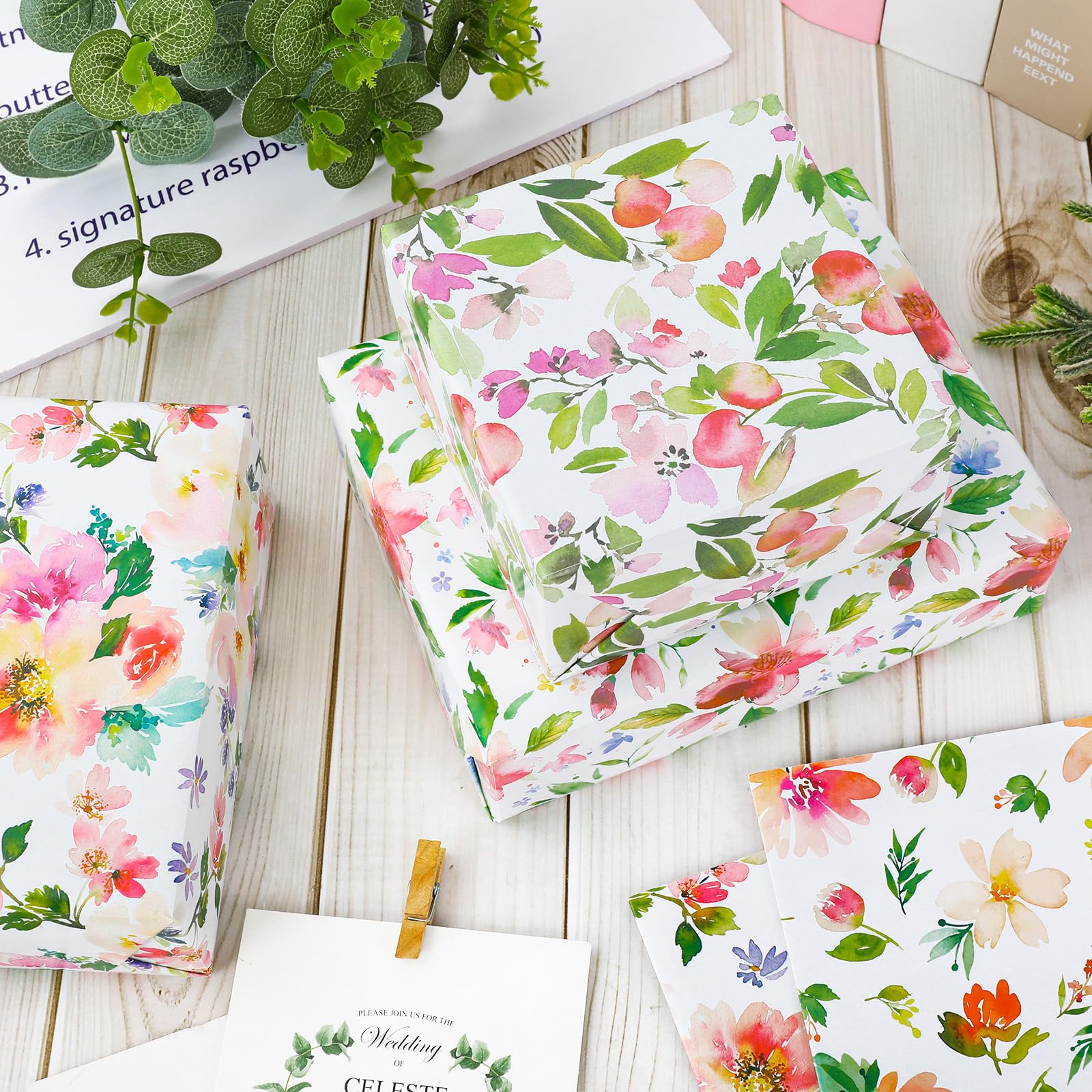 Lot De 5 Feuilles De Papier Cadeau Fleurs Et Plumes Pastel