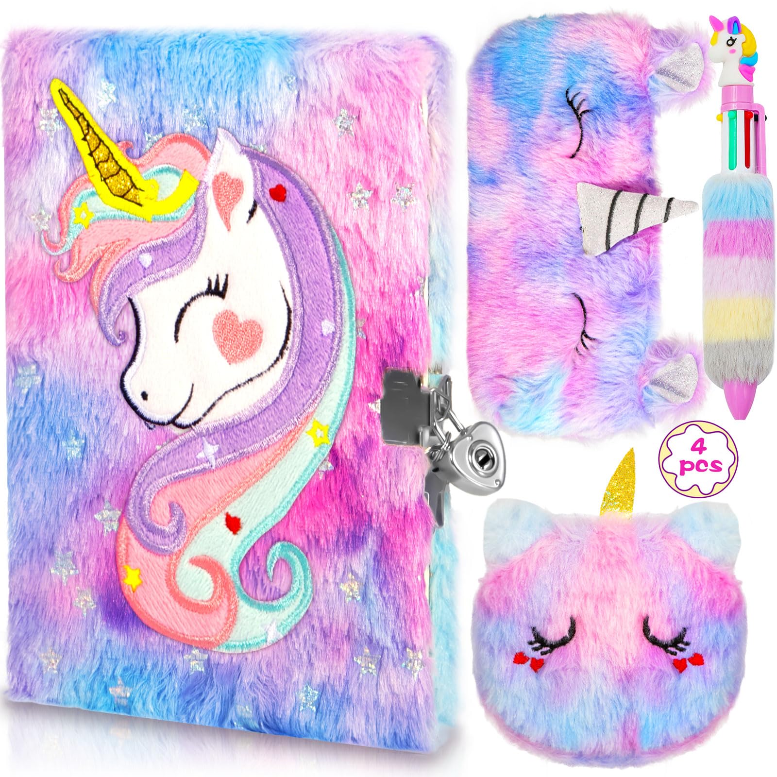 Set di 4 Diario Segreto Bambina con Lucchetto, Peluche Quaderno con Chiave e Lucchetto, 160 Pagine A5 Unicorno Diario Set con Portamonete e Astuccio e Penna, Regalo per Bambina 5-9 Anni
