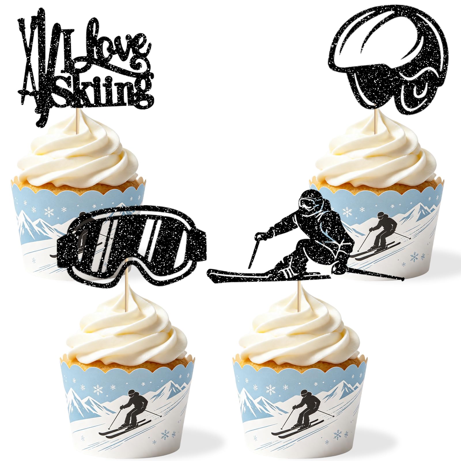 Skiing Cupcake Toppers I Love Skiing Black Glitter Handmade Cupcake Picks Winter Sports Party Supplies Dessert Table Decoration Holiday Celebration Photo Booth Props‑24Pcs
