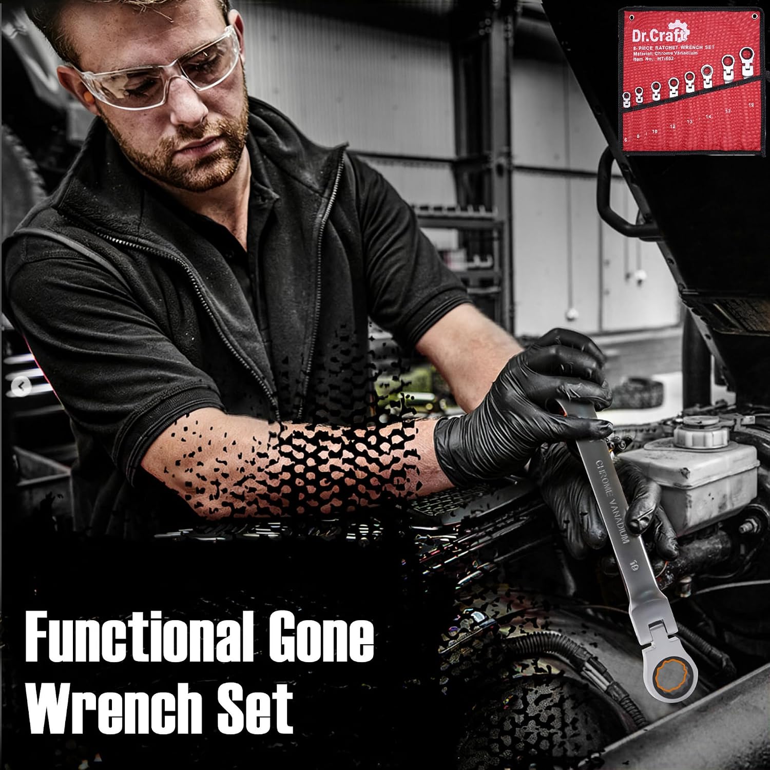 vivicreate 8-Piece Flex-Head Ratcheting Combination Wrench Set, Metric 6–19mm, 72-Tooth CR-V Steel Wrenches with Organizer Bag for Automotive & DIY Repair