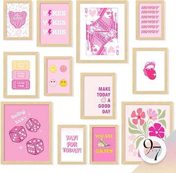 97 Decor Pink Preppy Wall Art, 12 Pc Poster Set, Unframed