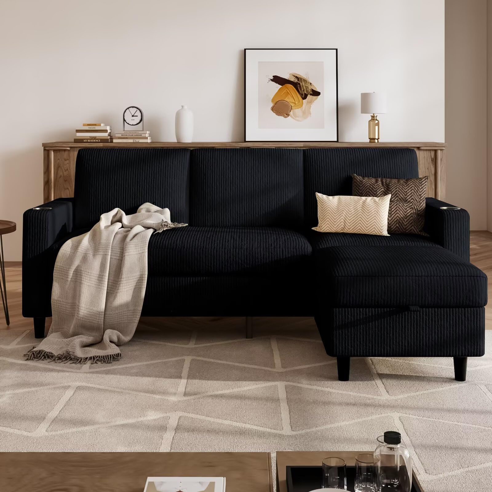 POYISOU Convertible Sectional Couches for Living Room, 3 Seats L Shaped Sofa with Storage Ottoman and 2 Cup Holders, Modern Corduroy Couch Small Sofas