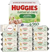 Huggies Natural Care Sensitive Unscented Baby Wipes, Hypoallergenic, 99% Purified Water, Plant-Based, 960 Count (15 Flip-Top Packs)