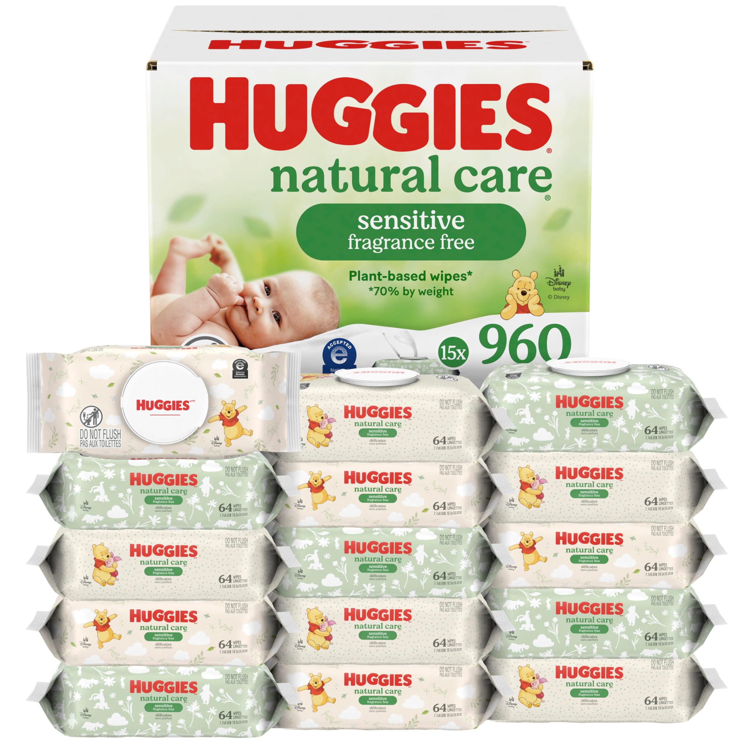 Huggies Sensitive Baby Wipes, Natural Care Baby Diaper Wipes, Unscented, Hypoallergenic, 99% Purified Water, 15 Flip-Top Packs (960 Wipes Total)