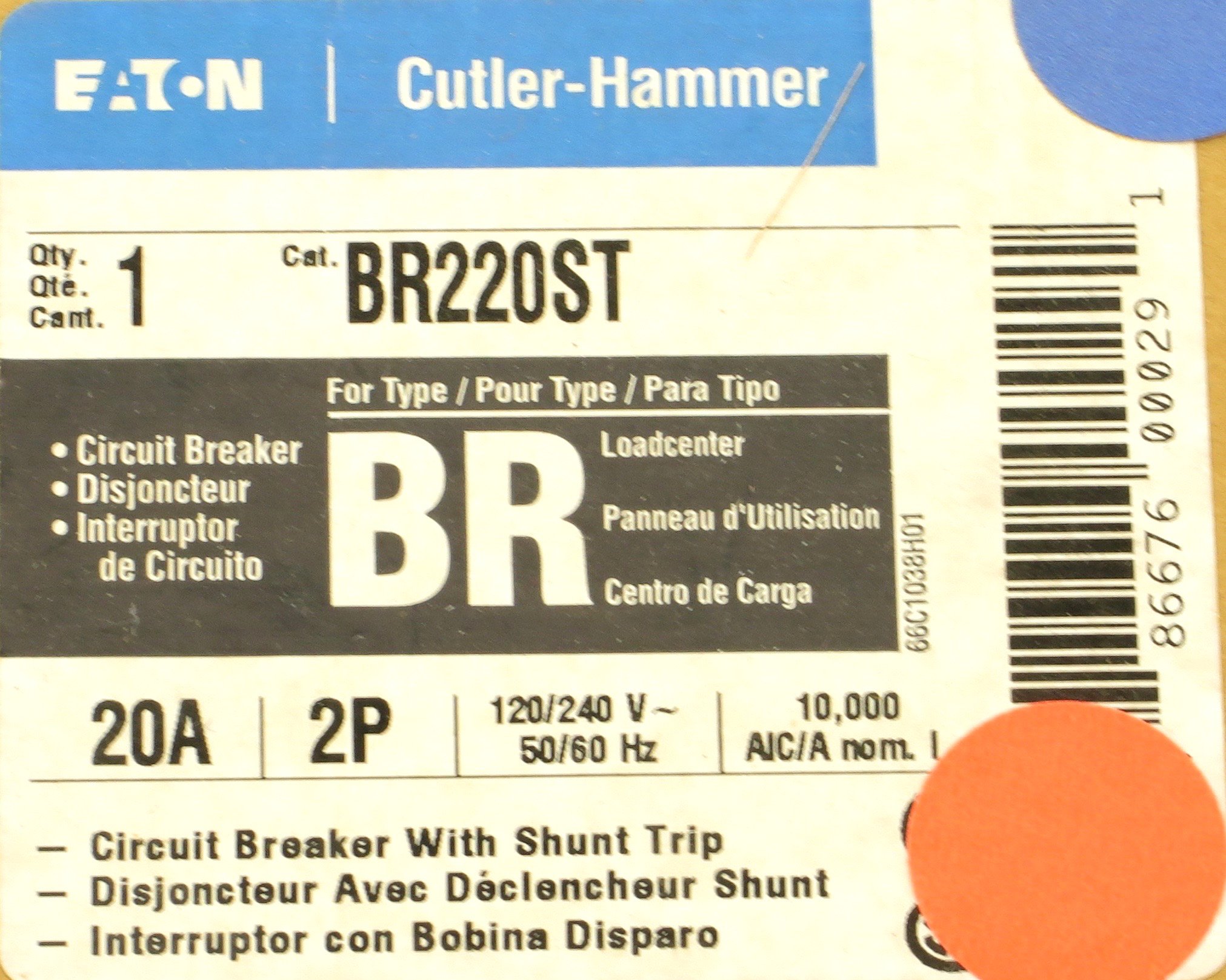 Cutler Hammer br220st Circuit Breaker, 2-Pole 20-Amp with shunt trip