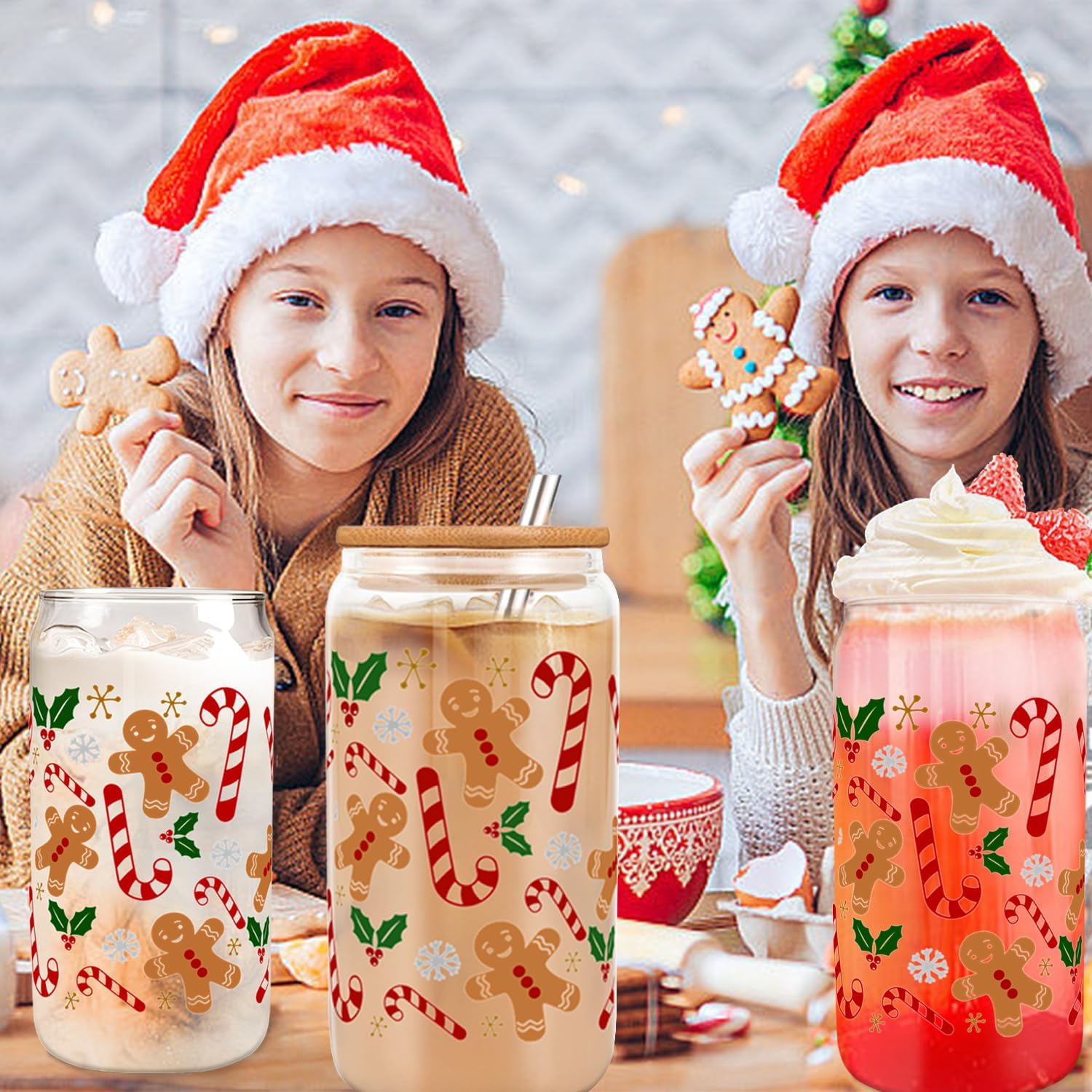 Christmas Cups, Gingerbread Iced Coffee Cup,Gingerbread Decorations, 16 oz Glass Cup with Lids and Straws, Xmas Mug Tumbler, Xmas Gifts - Christmas Gifts for Women Mom Her - Image 4