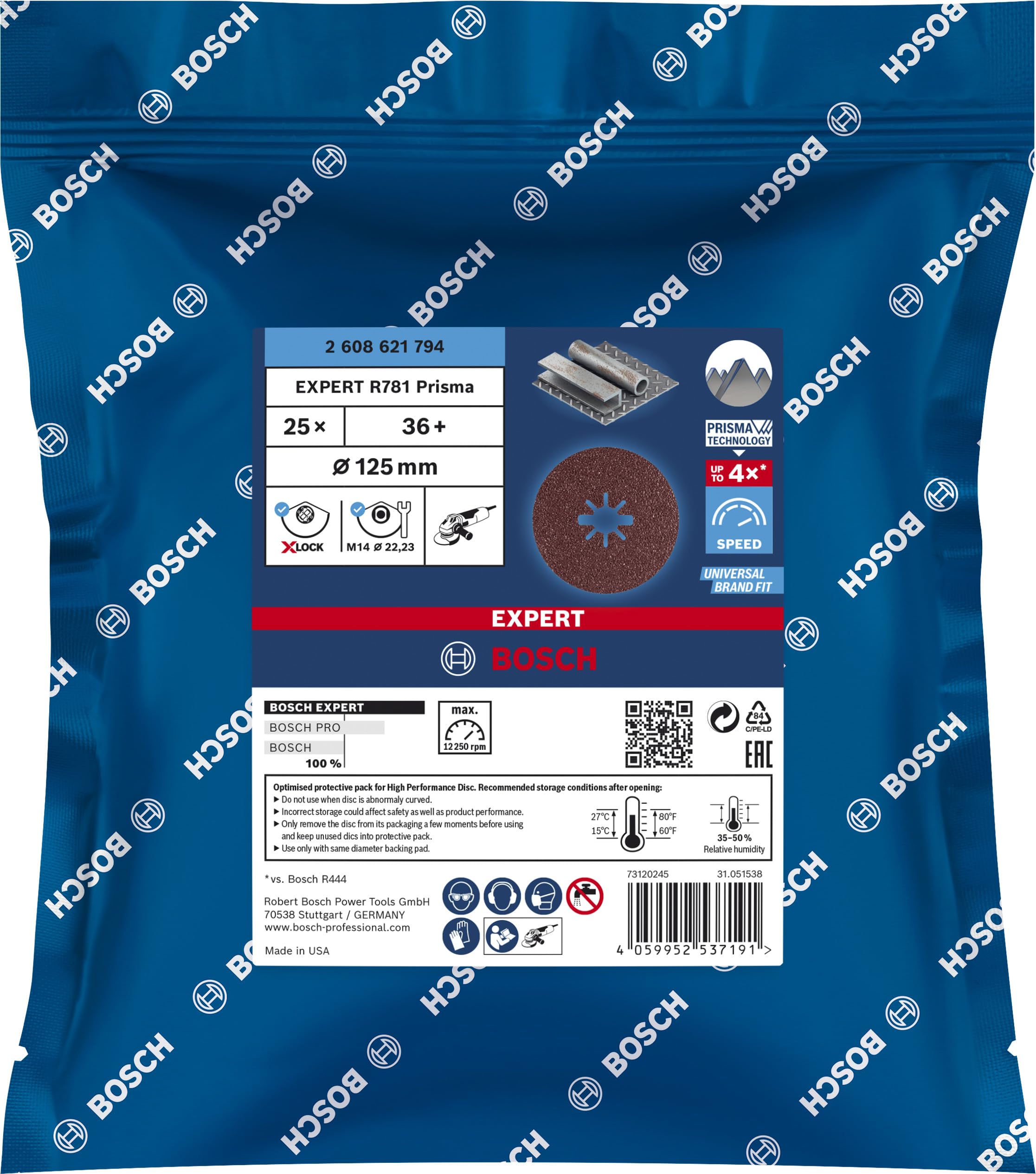 Bosch Professional 25 x Discos de fibra Expert R782 Prisma Ceramic X-LOCK, para Acero, Láminas de acero inoxidable, 125 mm, Grano 60, Accesorios Amoladora pequeña