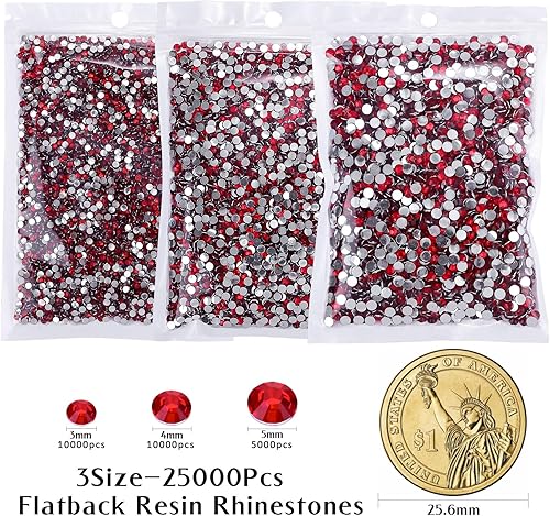 Miniatura 7 de 25000 piezas de diamantes de imitación rojos para kit de embellecimiento, diamantes de imitación de 3-5 mm de parte trasera plana en resina a
