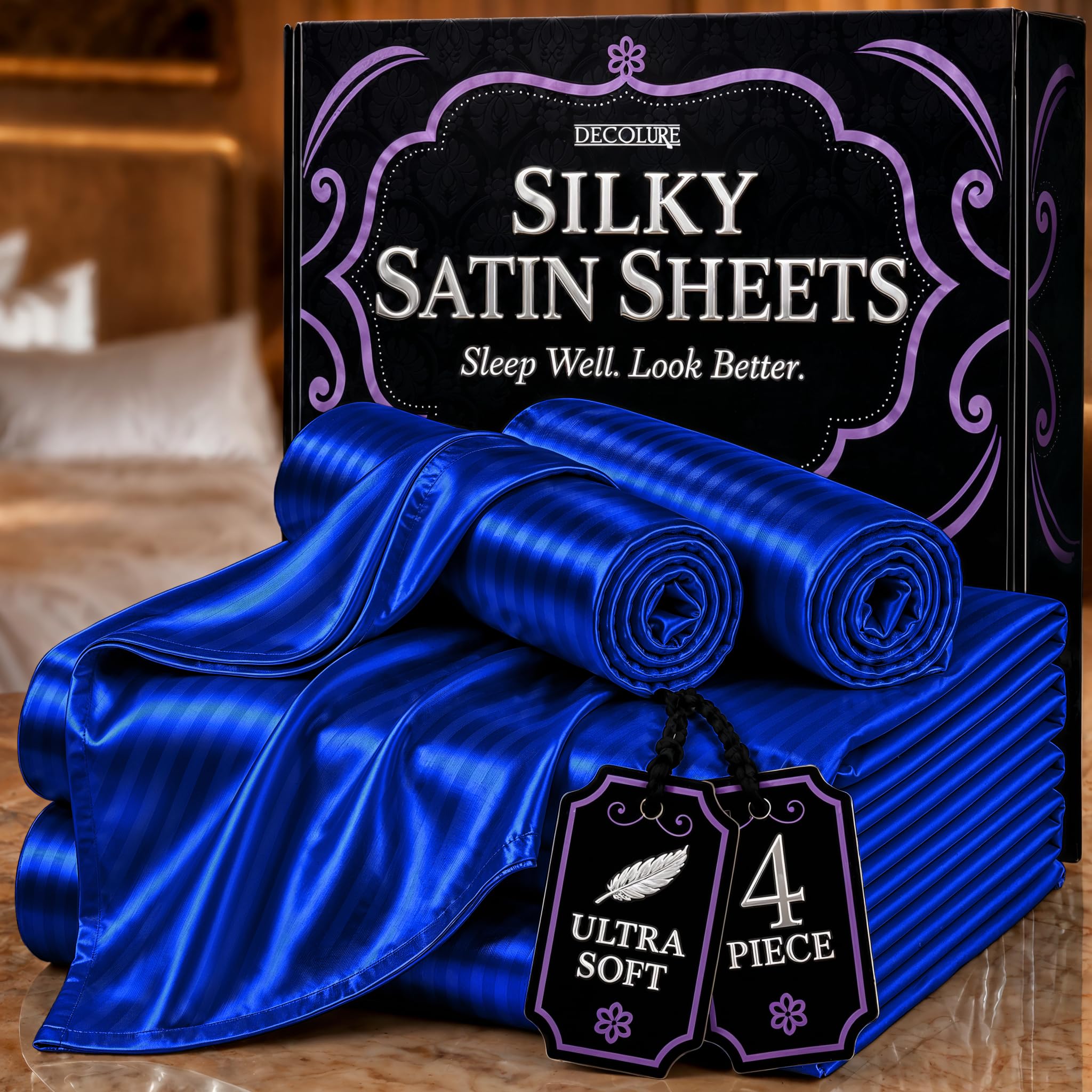 DECOLURE, Juego de ropa de cama sedosa de satén de lujo de 4 piezas, sin arrugas, con sábana bajera de 40 cm de profundidad, perfecto para cabello y piel, tamaño king, regalos para mujer, rayas azules