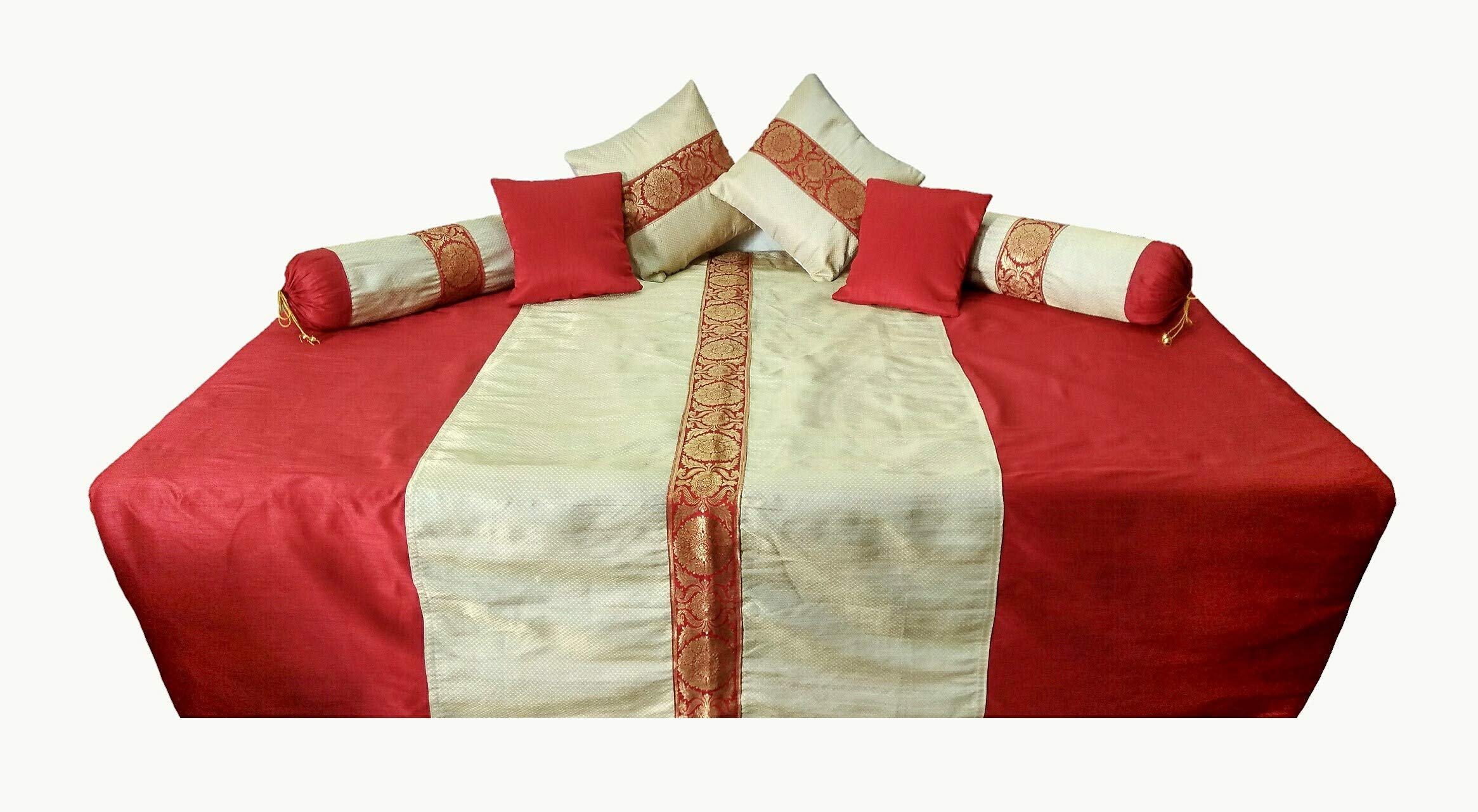 Golden-White & Red Color Banarasi Brocade Fabric Checkered Pattern DIWAN Set with 1 Bed Sheet, 2 Bolster Cover & 4 Cushion Cover with Zari Embroidory-image-49