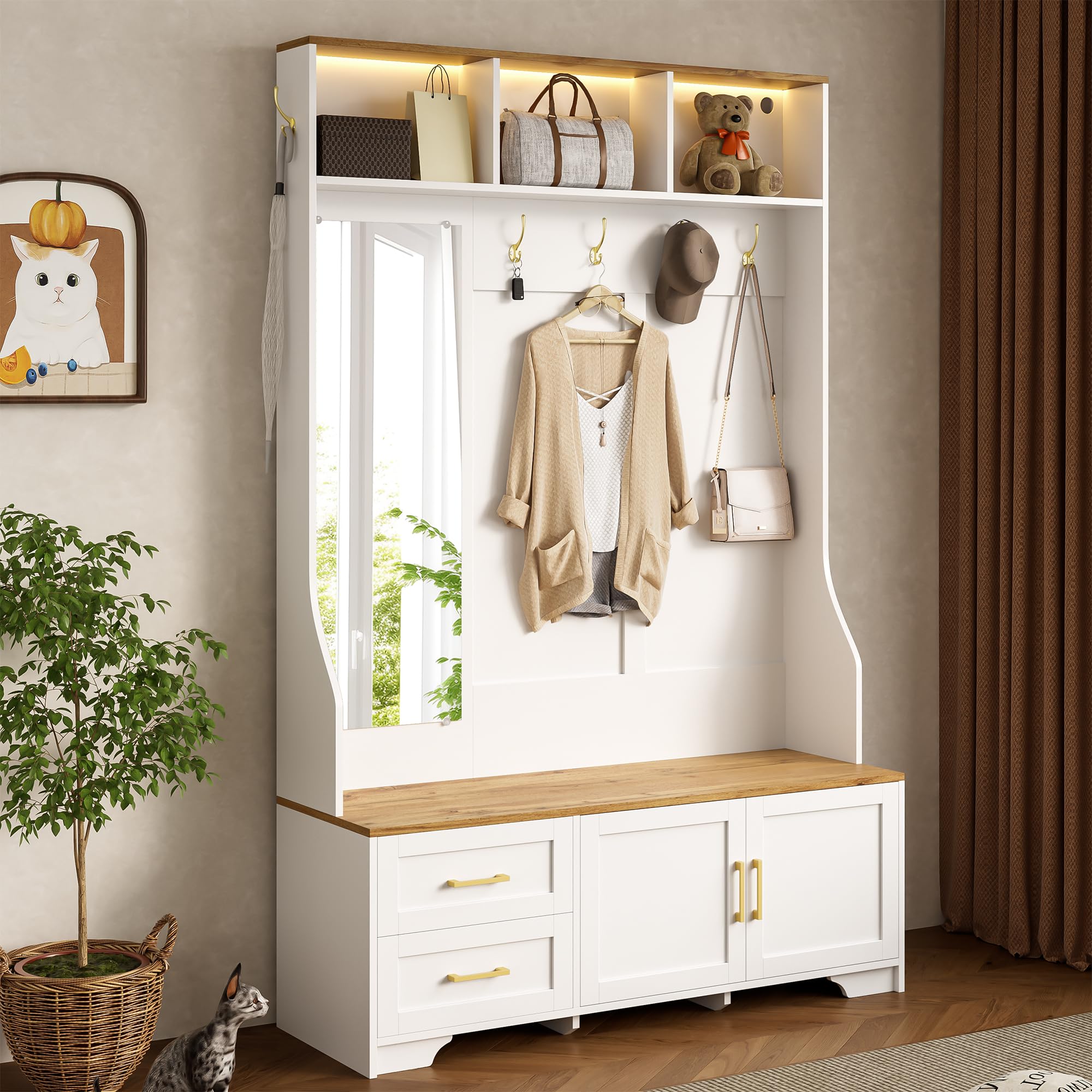 Garderobenset Wandgarderobe mit LED Beleuchtung, Garderoben Set mit Spiegel und Schuhbank, Garderobenständer mit Kleiderhaken & Schubladen, Modern Weiß Flurgarderobe mit Sitzfläche, 120x40x187