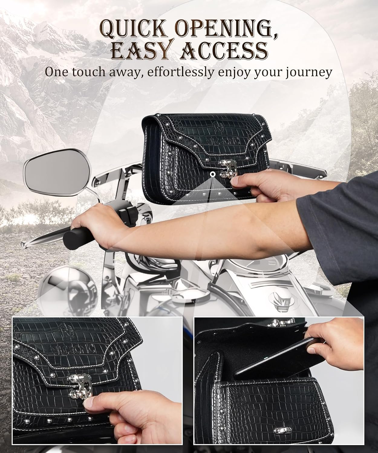 NICECNC Motorcycle Windshield Bag, Vintage Crocodile Texture PU Leather, Windscreen Studded Pouch Compatible with Road King 1995-2019 2020 2021 2022 2023 Softail, Quick Access, Easy to Install