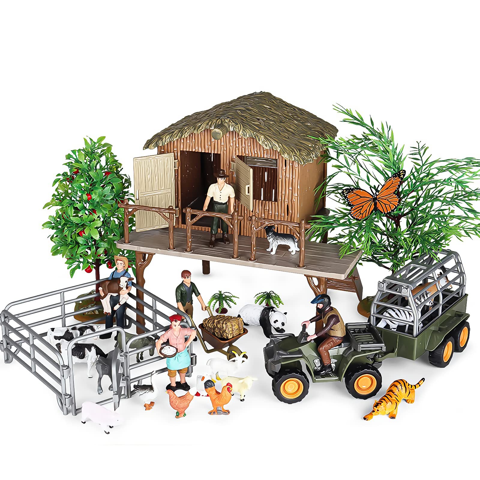 Large Farm Animals Figurines Toy with Removable Thatched Cottage Action Figures Farmer Motorcycle Fence Animals Tractor Figures Set, Educational Toys Christmas Birthday Gift or Kids Toddlers