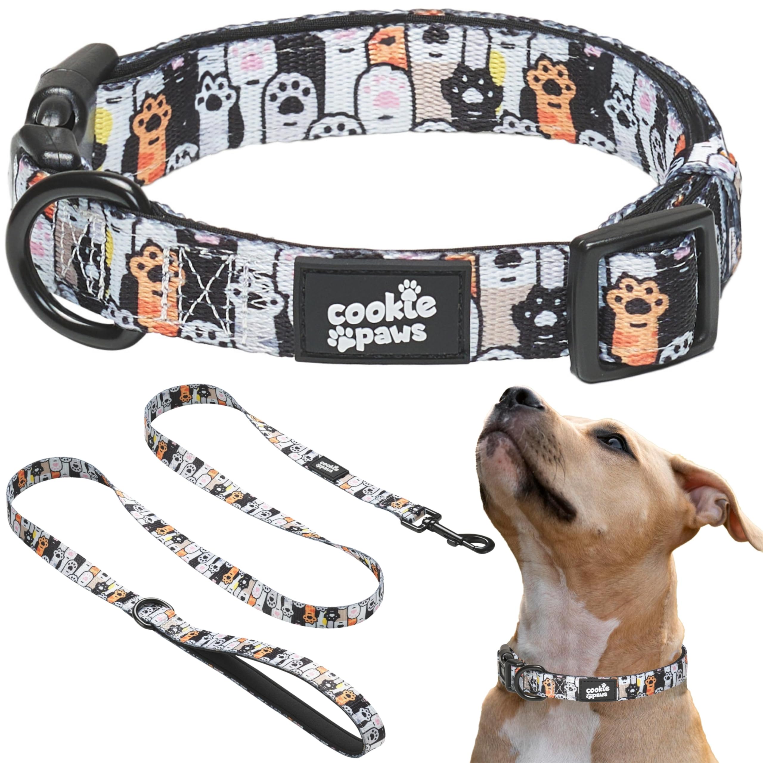 Soft Neoprene Padded Dog Collar and Leash Set for Small Dogs | Comfortable, Adjustable, Quick-Release, Durable, Breathable, Easy Clean, Cute, Fancy | Paws | Black White