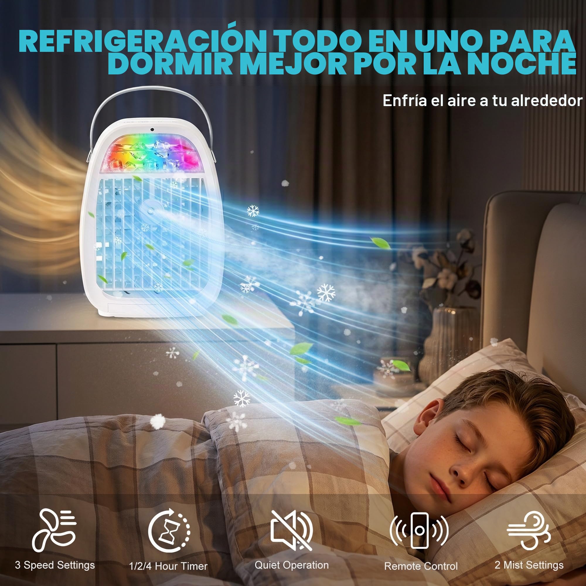 Mini Aire Acondicionado Portátil 1100ML, Enfriador de Aire 4 en 1 con Mando, 3 Velocidades, 2 Modos de Nebulización, Temporizador 1-4H, 7 LED, Ventilador Enfriador para Habitación Dormitorio Oficina