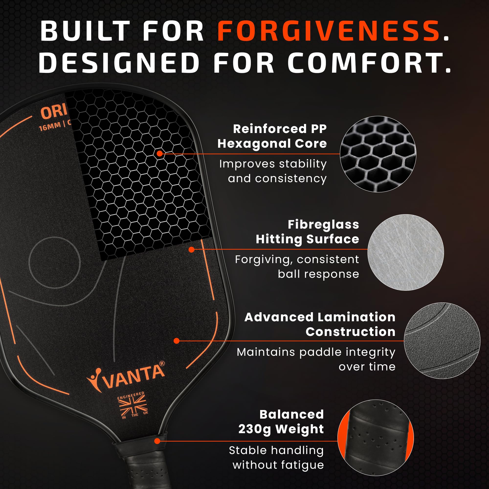 VANTA ORIGIN | Set di pagaie per pickleball per principianti | 2 pagaie, 4 palline e custodia | Due pagaie da 16 mm, 4 palline da interno e custodia per il trasporto in un set completo per principianti, coppie e famiglie.