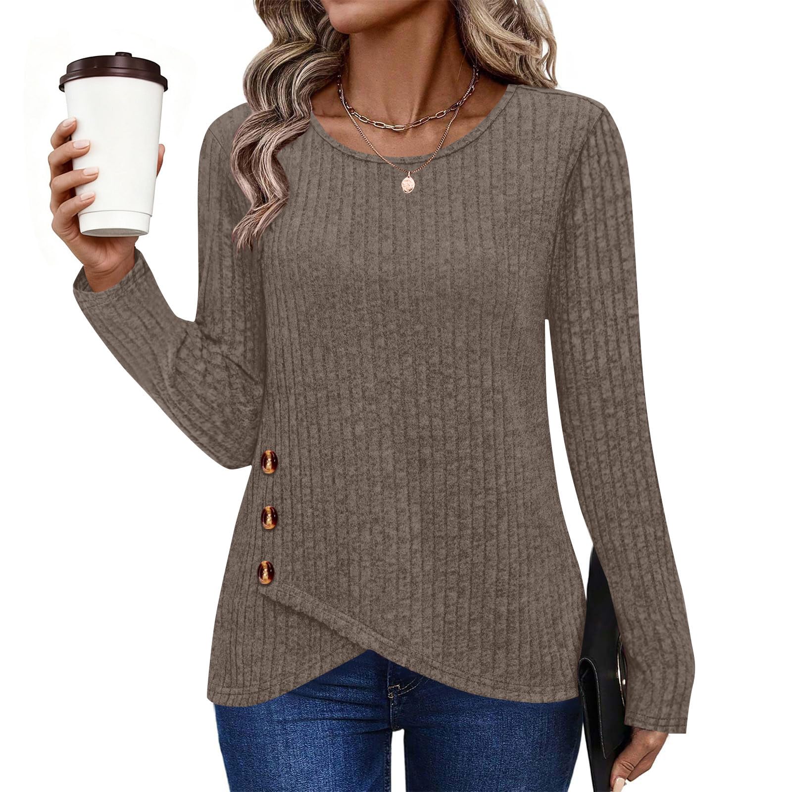Womens Sweaters Crewneck Long Sleeve Shirts Casual Knit Tops with Buttons Tunic Fall Winter Fashion Clothing