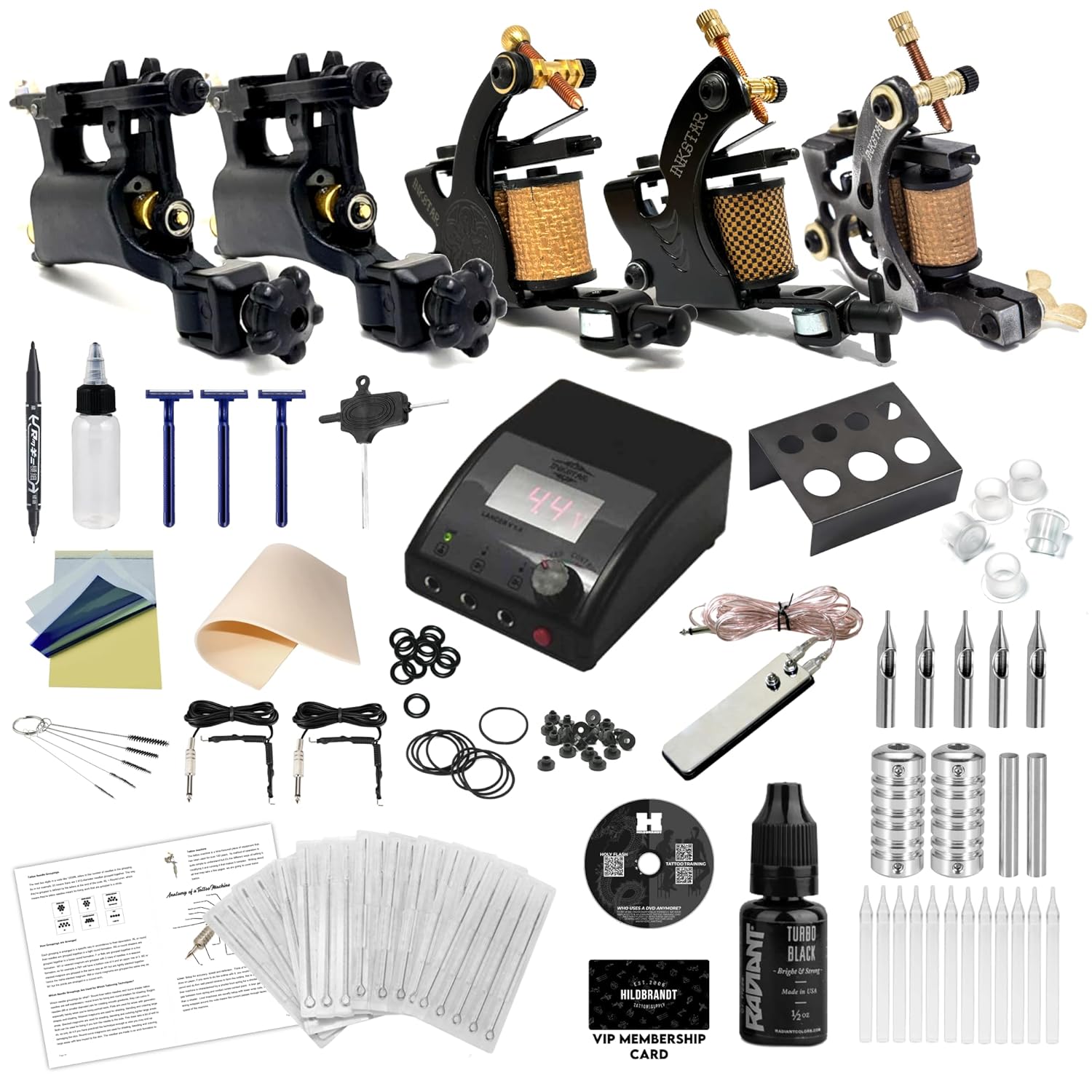 Tattoo Kit w/Traditional Coil Tattoo Machines TKI5CBLK Professional Hand Tuned Liner Shader - 8/10 Wrap Coils, Digital Power Supply, Crash Course Book, 2 Training Video Courses & More