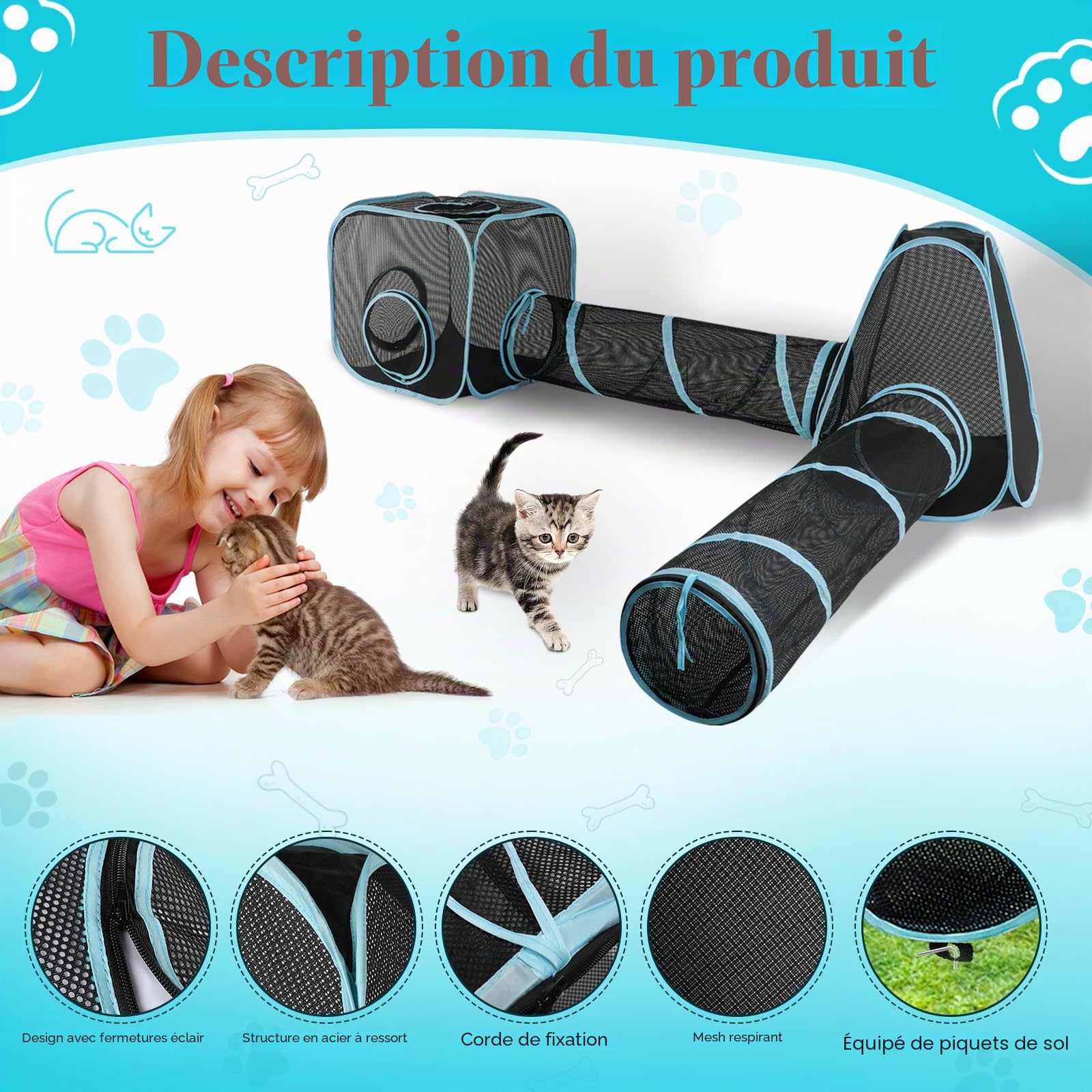 Enclos d'extérieur Portable pour Chat de 2,4 m, Tente Pop-up pour Chats avec Tunnels Doubles de 85 x 30 cm à Faire soi-même de Plusieurs façons, Tente de Jeu pour Lapins et Petits Animaux