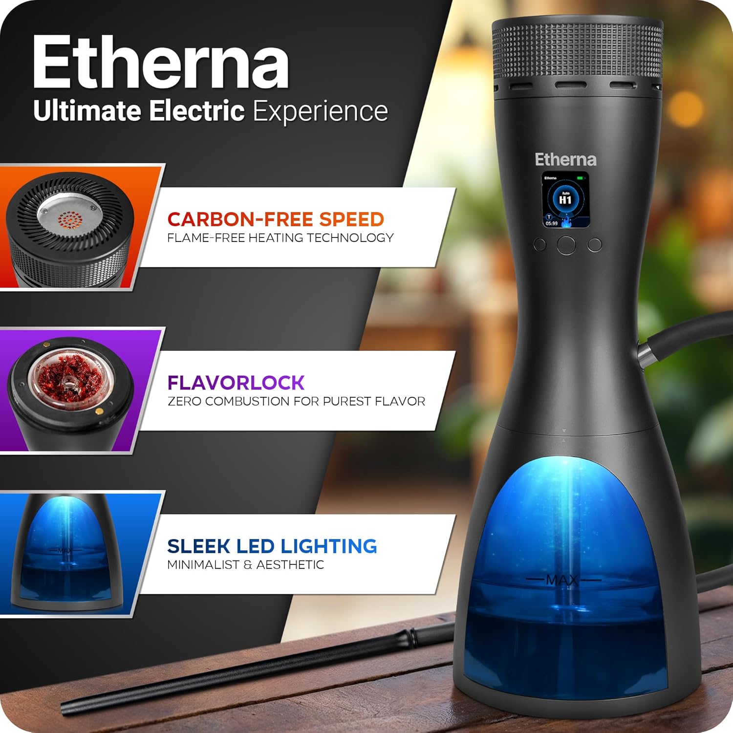 Etherna Electric Hookah – Portable Hookah Set with Everything, Smooth Taste & Long-Lasting Aroma, No Charcoal or Fire Needed, Complete Modern Shisha Kit for Home, Parties & Travel (Black)