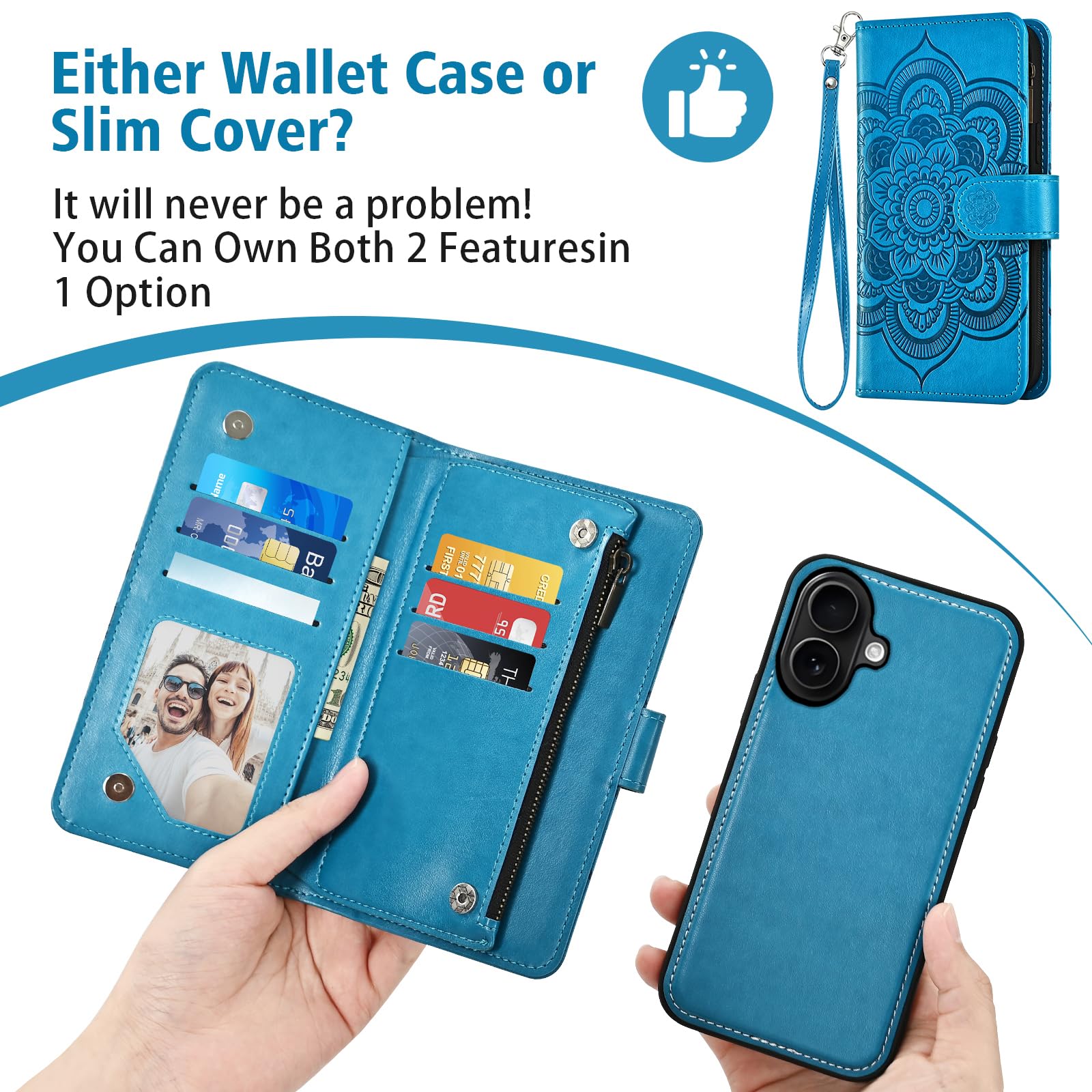 Asuwish Custodia per iPhone 17 da 6,3 pollici Portafoglio con cerniera staccabile con protezione dello schermo in vetro temperato Crossbody Strap Flower Flip Card Holder TPU i Phone17 i17 17Case Donne