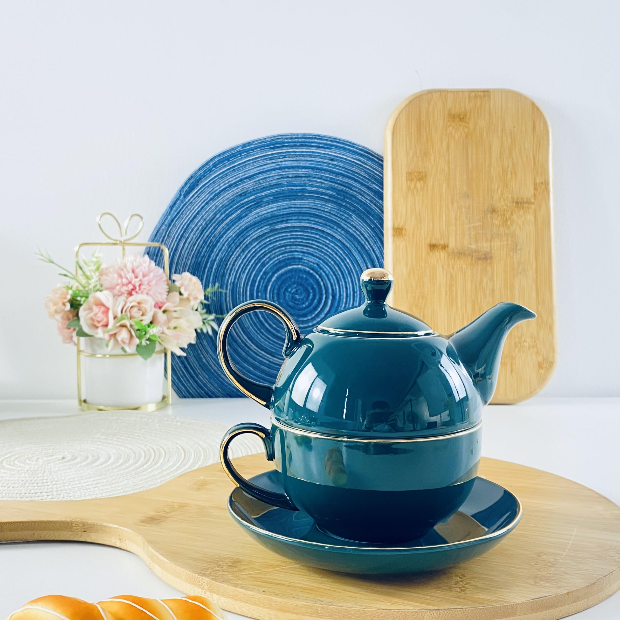 YBK Tech Euro Style - Juego de tetera y platillo de té para un juego de té de porcelana de hueso, taza de té de cerámica para desayuno en casa cocina – verde pavo real