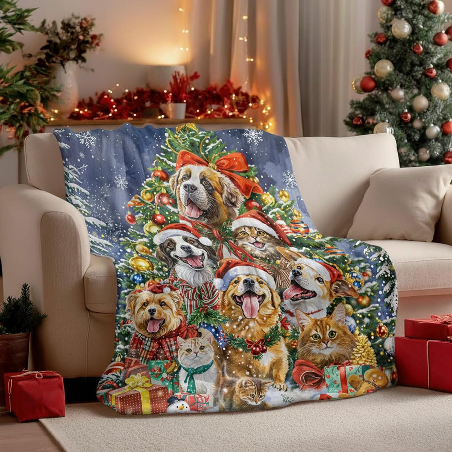 Neasow Christmas Throw Blanket, Cats and Dogs Pets Christmas Tree and Snowflake Design Soft Fuzzy Cozy Flannel Blanket Gift for Family and Friends Home Sofa Couch Chair Decorative 50x60 Inch
