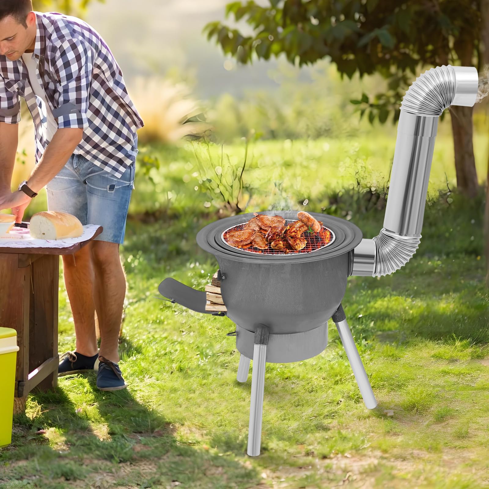 Przenośny piec na drewno, piec namiotowy z rurą kominową, rusztem do grillowania i nogami, piec rakietowy, ogrzewanie namiotu, na kemping, wędrówki, piknik i grill (43 cm, 3 pierścienie grzewcze)