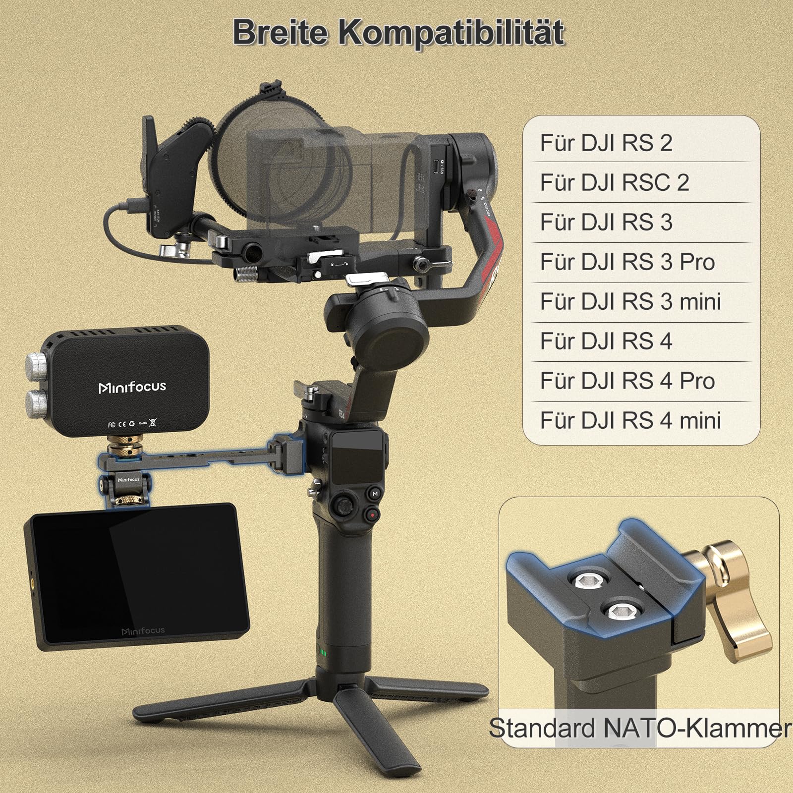 Verstellbare Kamera-Monitorhalterung mit NATO-Schnellverschluss, Cold Shoe Mount, 360° drehbare Field Gimbal Monitorhalterung für DJI RS 4 Mini/RS 4 / RS 4 Pro/RS 2 / RSC 2 / RS 3 / RS 3 Pro/RS 3 Mini