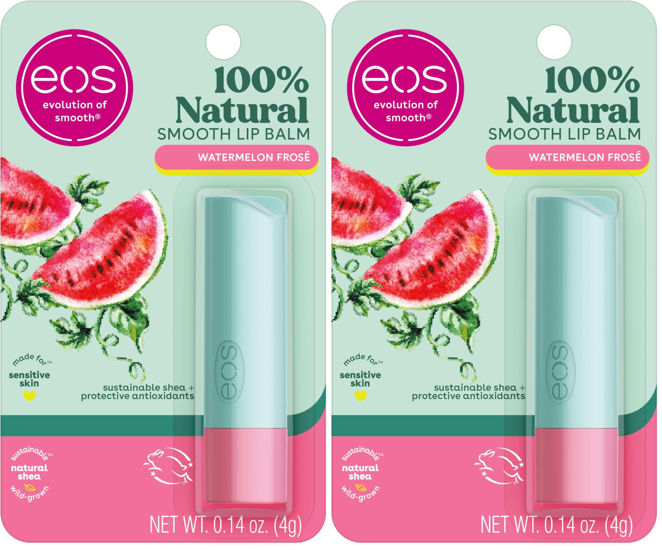 eos 100% Natural Lip Balm- Watermelon Frosé, Dermatologist Recommended for Sensitive Skin, All-Day Moisture Lip Care, 0.14 oz (Pack of 2)