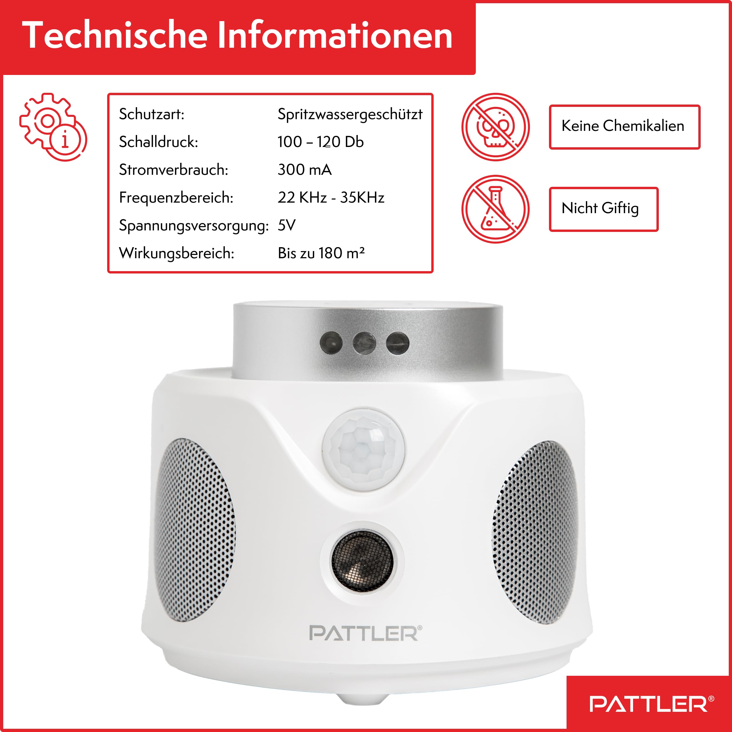 PATTLER® 360° Ultraschall Mäuseabwehr & Rattenabwehr – Mäuse vertreiben und Ratten vertreiben ohne Gift – Mäusevertreiber mit Ultraschall gegen Mäuse und Ratten für Haus, Keller, Garage