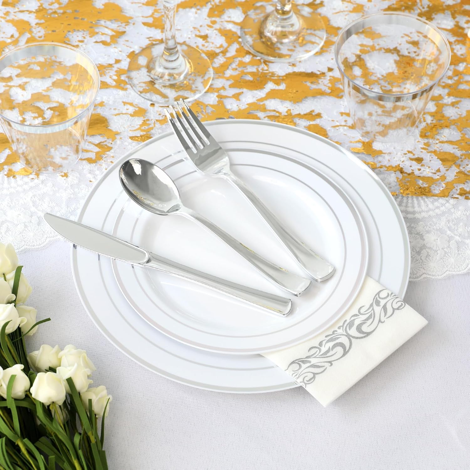 700 Piece Dinnerware Set for Wedding & Party,100 Guest RimPlastic Plates,100 Plastic Silverware,100 Cups,100 Linen Like Napkins (Rose Glod) lkj - Image 5