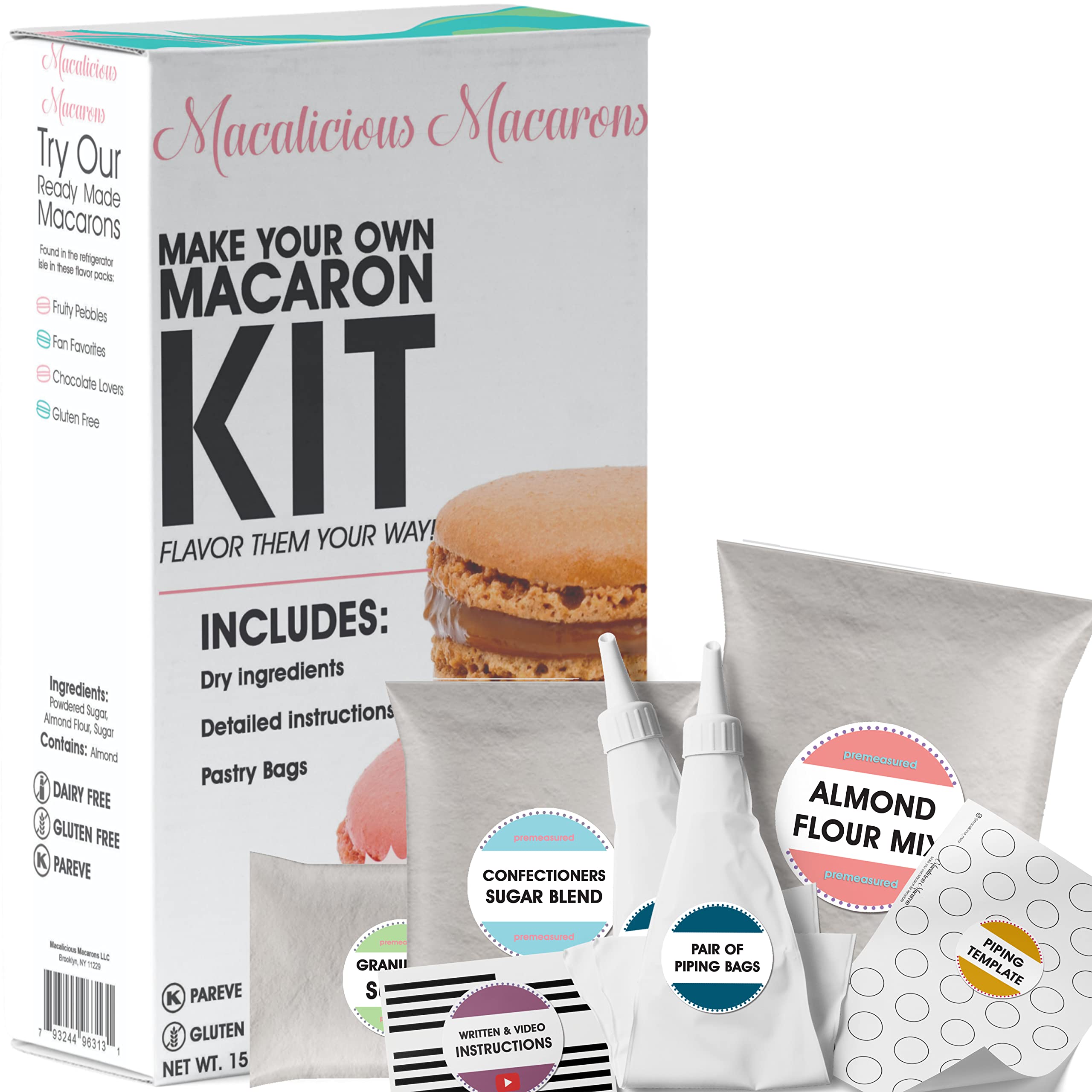 W4W Macalicious Macaron Baking Mix, DIY Bake Your Own French Macarons Kit, Includes All Dry Ingredients, Pastry Bags with Piping Tip, Template & Detailed Instructions, Great activity for Kids & Adults