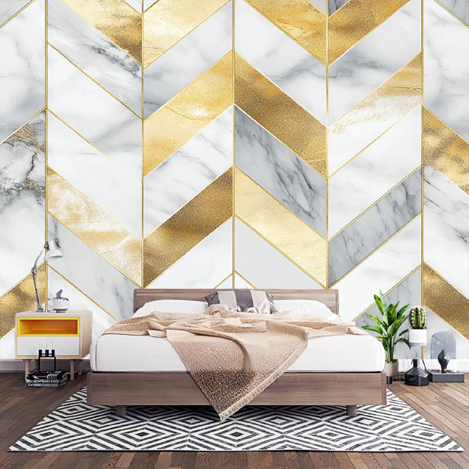 Tapeta ścienna 350 x 256 cm, luksusowy, geometryczny marmur tapeta na fizelinie, złota, pyłoszczelna, panoramiczna, plakat do pokoju dziecięcego, sypialni, salonu, plakat ścienny