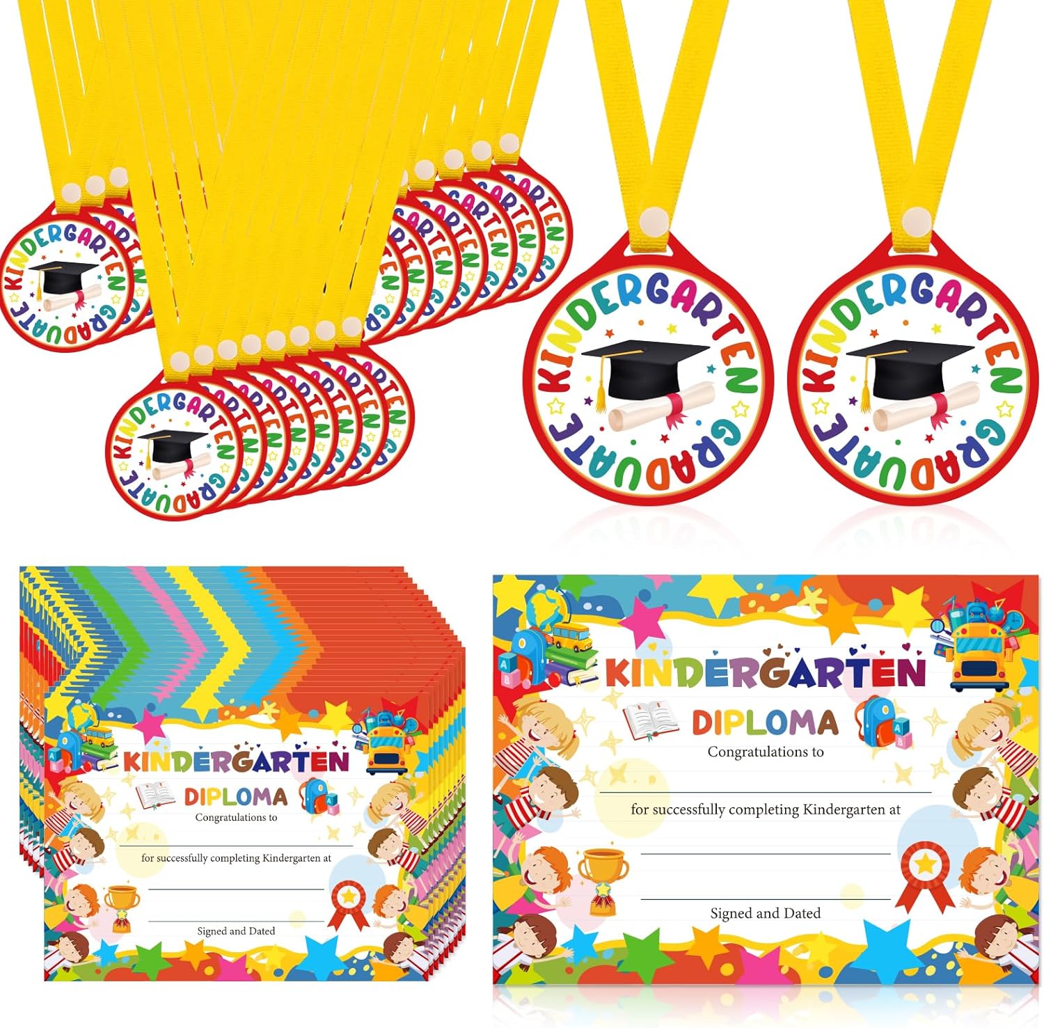 48Pcs Preschool Kindergarten Graduation Award Medals and Certificates for Kids, Preschool Kindergarten Graduation Diploma and Medals Pre-K Kindergarten Grad Ceremony Party Favor Supplies