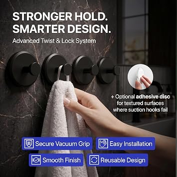 HOME SO Suction Cup Hooks for Shower & Bathroom Towel Holder 4-Pack Black